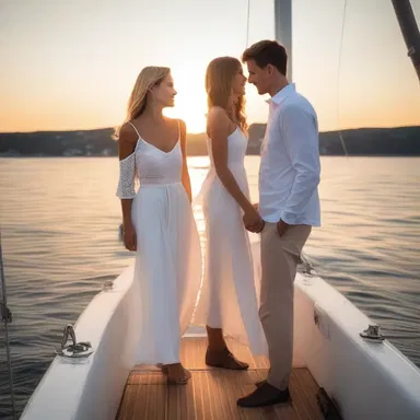 As the sun set on the picturesque coastline, the young couple held hands and reveled in the romantic ambiance of their private sailing trip, taking turns at the steerage of the boat.
