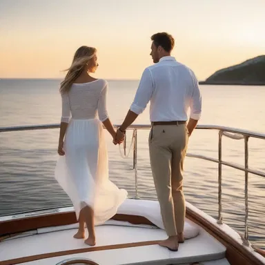 As the sun set on the picturesque coastline, the young couple held hands and reveled in the romantic ambiance of their private sailing trip, taking turns at the steerage of the boat.