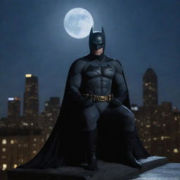 Batman sitting on a Gotham city rooftop under moonlight, looking up at the sky with a slight shiver visible in his stance, his cape flapping in the cold wind, face showing signs of exhaustion.