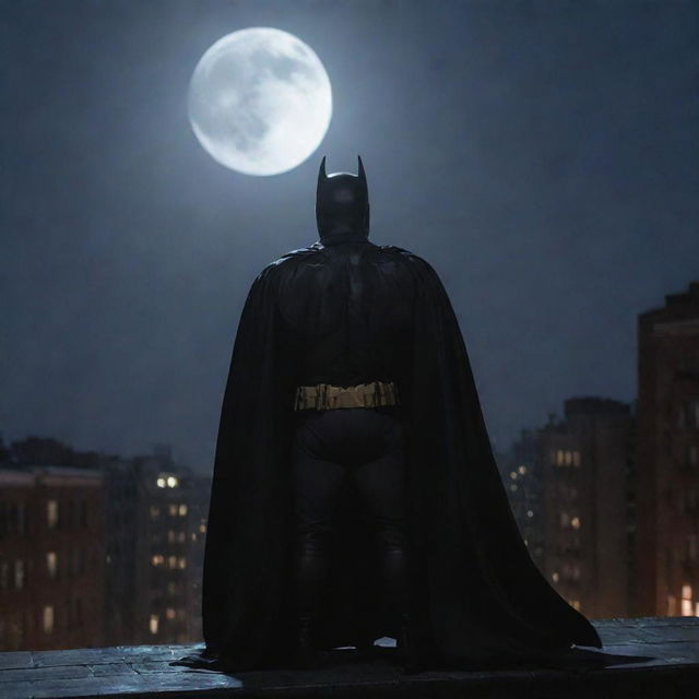 Batman sitting on a Gotham city rooftop under moonlight, looking up at the sky with a slight shiver visible in his stance, his cape flapping in the cold wind, face showing signs of exhaustion.