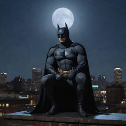 Batman sitting on a Gotham city rooftop under moonlight, looking up at the sky with a slight shiver visible in his stance, his cape flapping in the cold wind, face showing signs of exhaustion.