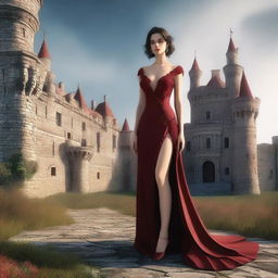 This is a hyper-realistic 3D render featuring a full body shot of an attractive woman in a low-cut crimson red dress in the foreground