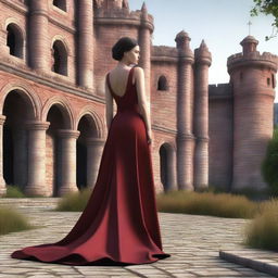 This is a hyper-realistic 3D render featuring a full body shot of an attractive woman in a low-cut crimson red dress in the foreground