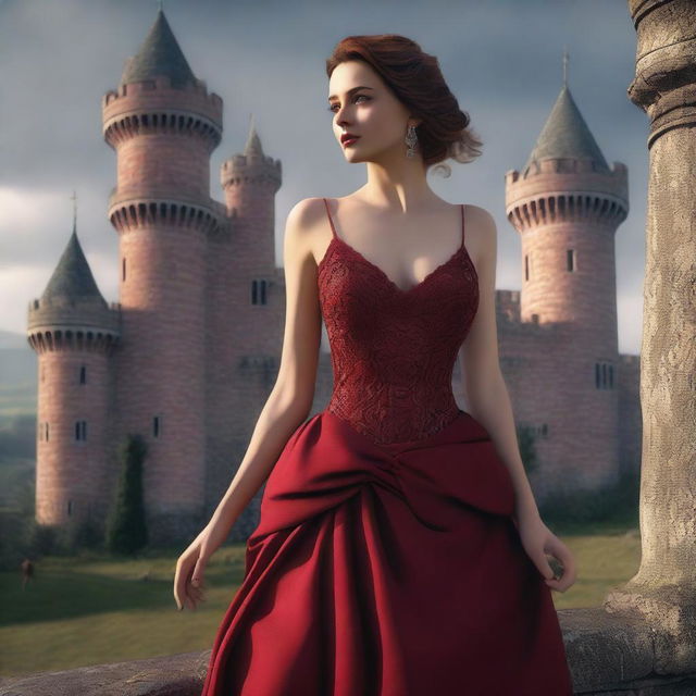 This is a hyper-realistic 3D render featuring a full body shot of an attractive woman in a low-cut crimson red dress in the foreground