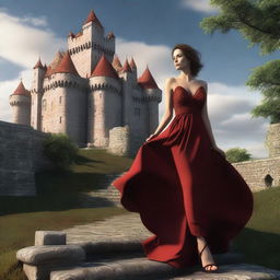 This is a hyper-realistic 3D render featuring a full body shot of an attractive woman in a low-cut crimson red dress in the foreground