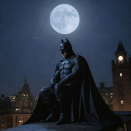 Batman sitting on a Gotham city rooftop under moonlight, looking up at the sky with a slight shiver visible in his stance, his cape flapping in the cold wind, face showing signs of exhaustion.