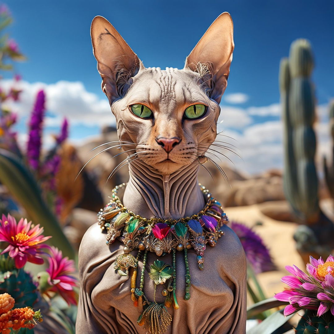 Hyper-realistic 3D photograph of a majestic Egyptian hairless cat in a vibrant desert landscape, adorned with a rococo-inspired collar and surrounded by blooming flowers.