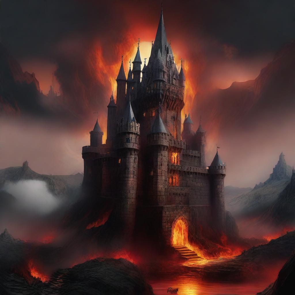 This is a highly detailed digital art piece that depicts a daunting castle situated at the edge of a hellish landscape