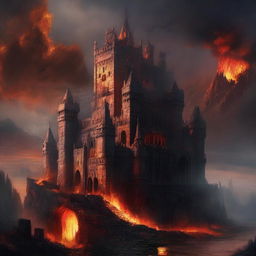 This is a highly detailed digital art piece that depicts a daunting castle situated at the edge of a hellish landscape