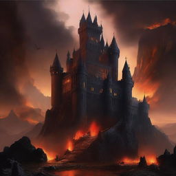 This is a highly detailed digital art piece that depicts a daunting castle situated at the edge of a hellish landscape