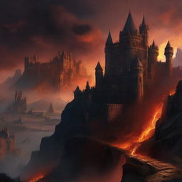 This is a highly detailed digital art piece that depicts a daunting castle situated at the edge of a hellish landscape