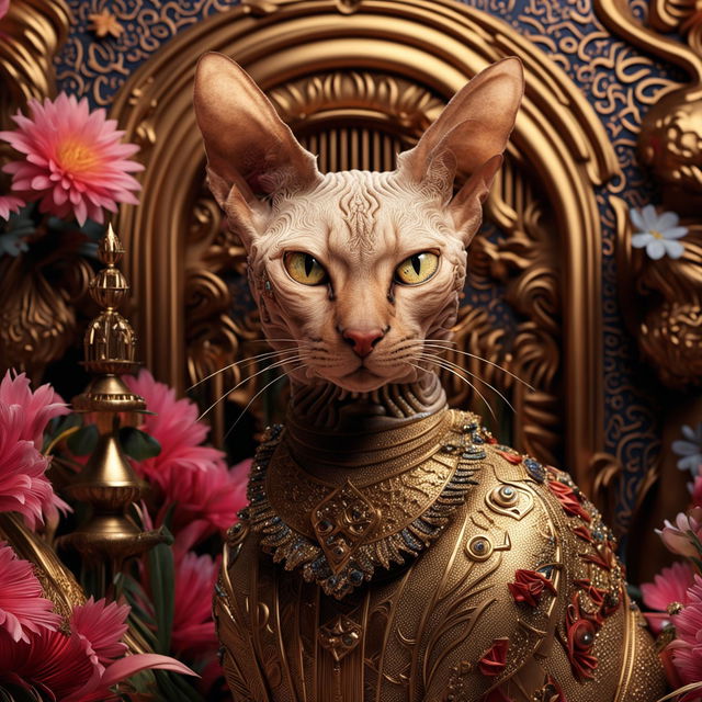 Hyper-realistic 3D photograph of a majestic Egyptian hairless cat amidst a rococo and desert aesthetic backdrop filled with vibrant flowers, capturing fantasy vibes in high definition close-up.