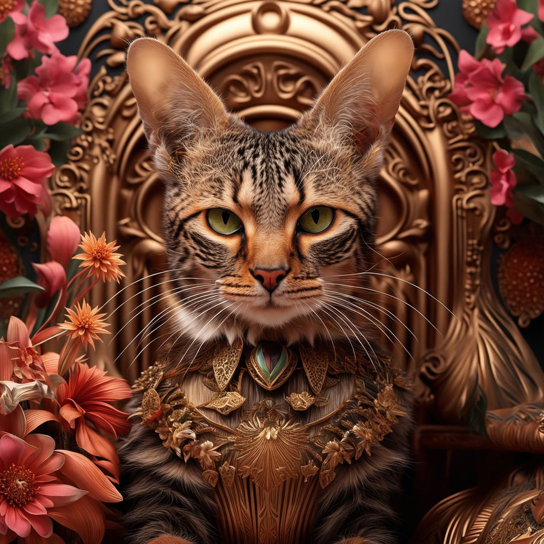 Hyper-realistic 3D photograph of a majestic Egyptian cat amidst a rococo and desert aesthetic backdrop filled with vibrant flowers, capturing fantasy vibes in high definition close-up.