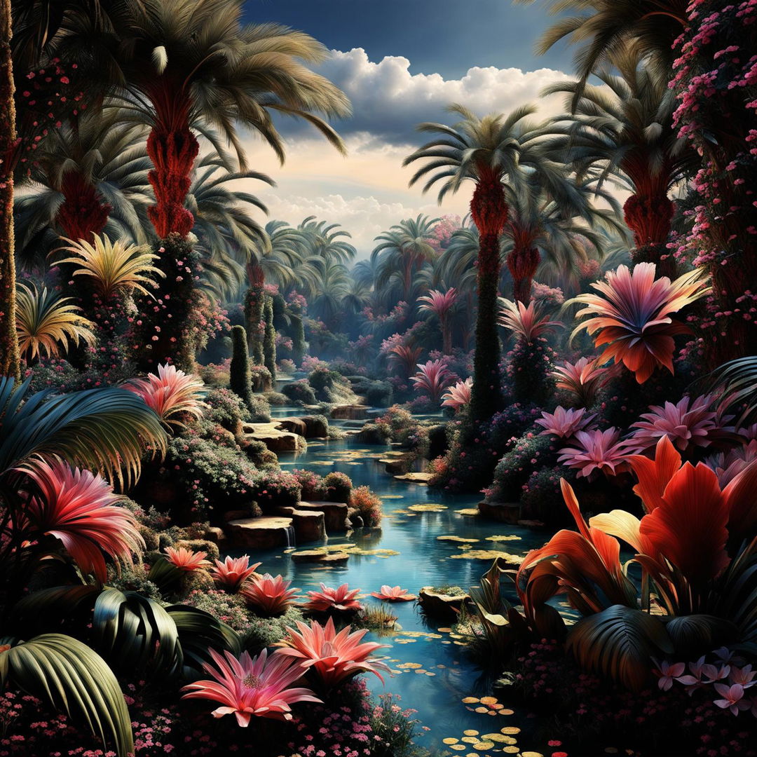 Hyper-realistic 3D Rococo-style photograph of a vibrant Egyptian oasis blending desert and floral aesthetics with fantasy vibes.