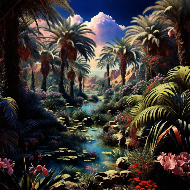 Hyper-realistic 3D Rococo-style photograph of a vibrant Egyptian oasis blending desert and floral aesthetics with fantasy vibes.