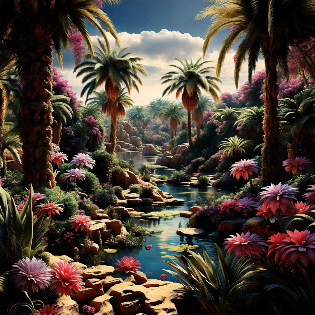 Hyper-realistic 3D Rococo-style photograph of a vibrant Egyptian oasis blending desert and floral aesthetics with fantasy vibes.