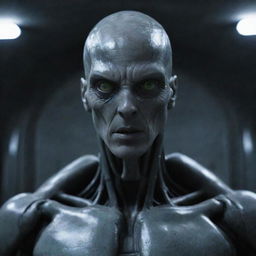 A cine-lit movie still of a Prometheus Engineer. The alien is an athletic soldier with a creepy, uncanny valley face - a fusion of robotic cyberneticand vascular skin, all-black eyes, hinting a potent cyborg.