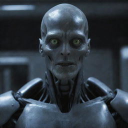 A cine-lit movie still of a Prometheus Engineer. The alien is an athletic soldier with a creepy, uncanny valley face - a fusion of robotic cyberneticand vascular skin, all-black eyes, hinting a potent cyborg.