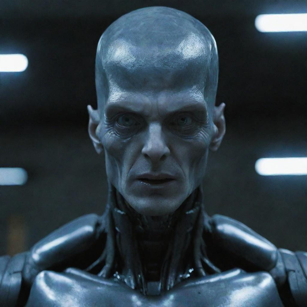 A cine-lit movie still of a Prometheus Engineer. The alien is an athletic soldier with a creepy, uncanny valley face - a fusion of robotic cyberneticand vascular skin, all-black eyes, hinting a potent cyborg.