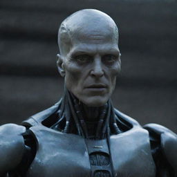 A cine-lit movie still of a Prometheus Engineer. The alien is an athletic soldier with a creepy, uncanny valley face - a fusion of robotic cyberneticand vascular skin, all-black eyes, hinting a potent cyborg.