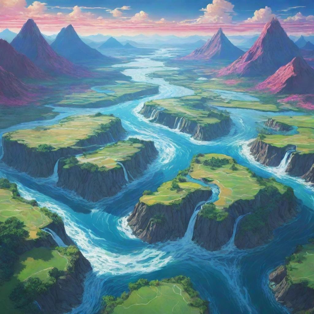 Anime styled delta, depicting three converging rivers in a fantastical, vibrant landscape