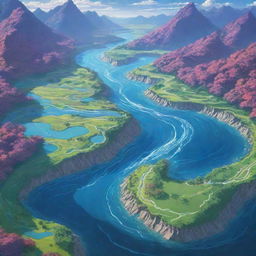 Anime styled delta, depicting three converging rivers in a fantastical, vibrant landscape