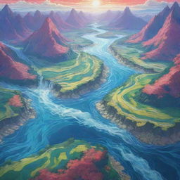 Anime styled delta, depicting three converging rivers in a fantastical, vibrant landscape