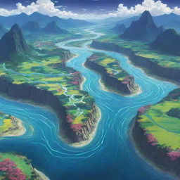 Anime styled delta, depicting three converging rivers in a fantastical, vibrant landscape