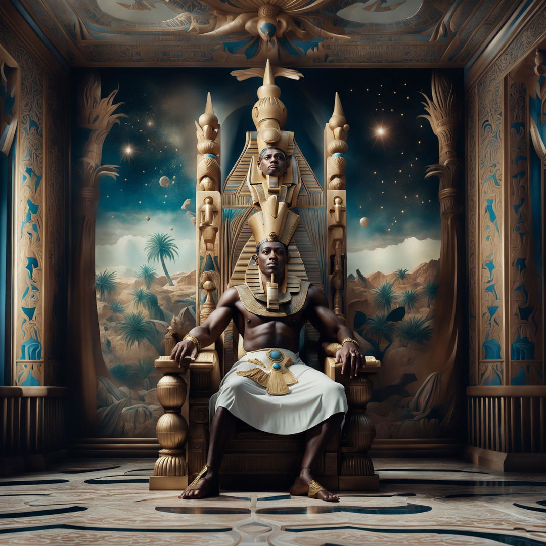 Hyper-realistic 3D photograph of a majestic black Egyptian pharaoh on an ornate throne in a Rococo-style great hall. Vibrant colours, flower and desert aesthetics, and fantasy vibes are captured in high-definition close-up.