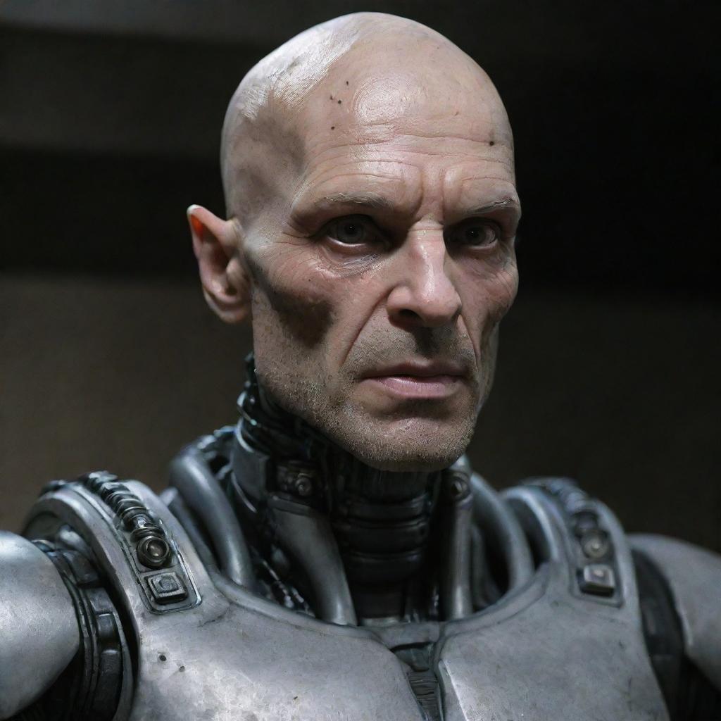 A detailed still of a mature, hairless, and masculine Prometheus engineer or space jockey, featuring a chiseled jaw, completely black eyes, and a fusion of robotic, cybernetic, and vascular skin, with noticeable hemoglobin veins, face plate abrasions and lacerations.