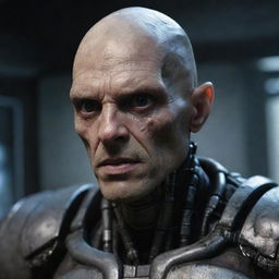 A detailed still of a mature, hairless, and masculine Prometheus engineer or space jockey, featuring a chiseled jaw, completely black eyes, and a fusion of robotic, cybernetic, and vascular skin, with noticeable hemoglobin veins, face plate abrasions and lacerations.