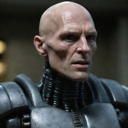 A detailed still of a mature, hairless, and masculine Prometheus engineer or space jockey, featuring a chiseled jaw, completely black eyes, and a fusion of robotic, cybernetic, and vascular skin, with noticeable hemoglobin veins, face plate abrasions and lacerations.