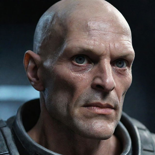 A detailed still of a mature, hairless, and masculine Prometheus engineer or space jockey, featuring a chiseled jaw, completely black eyes, and a fusion of robotic, cybernetic, and vascular skin, with noticeable hemoglobin veins, face plate abrasions and lacerations.