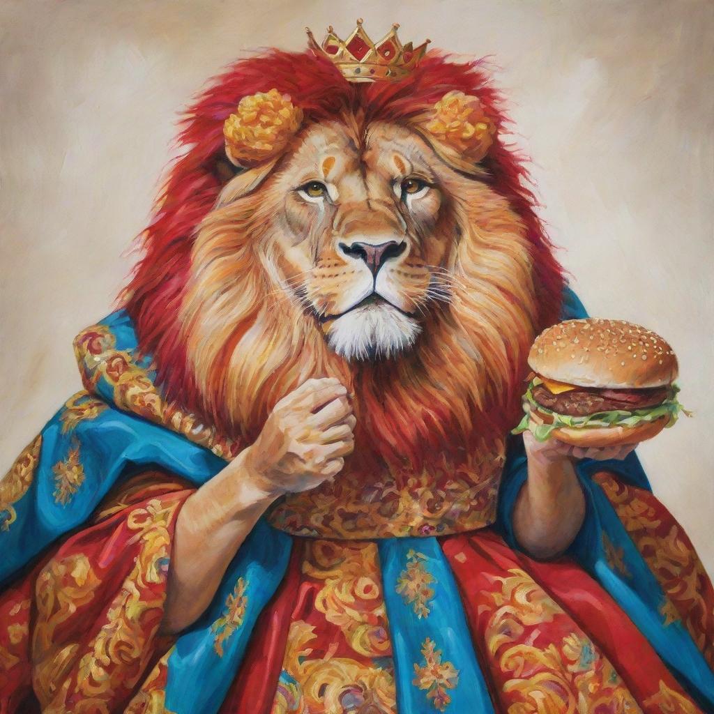 A regal lion donned in an elaborate gown, devouring a juicy burger, painted in vibrant acrylic style.