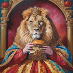 A regal lion donned in an elaborate gown, devouring a juicy burger, painted in vibrant acrylic style.