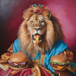 A regal lion donned in an elaborate gown, devouring a juicy burger, painted in vibrant acrylic style.