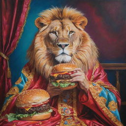 A regal lion donned in an elaborate gown, devouring a juicy burger, painted in vibrant acrylic style.