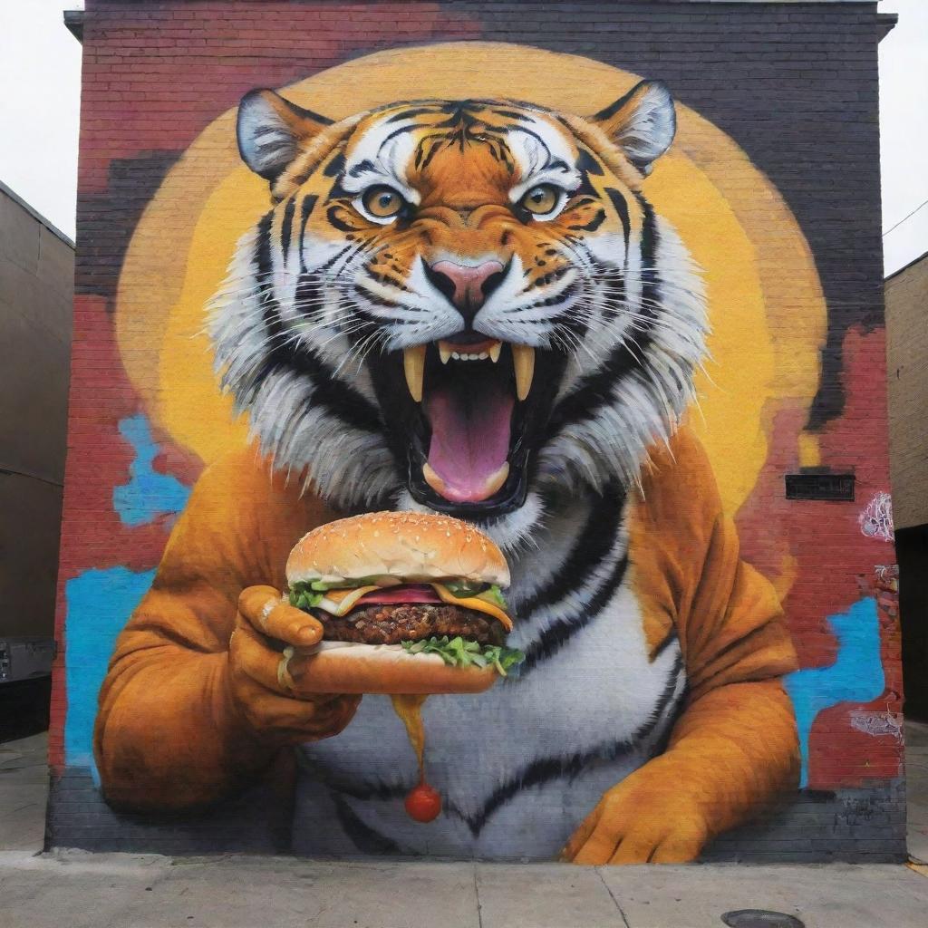 A powerful tiger eating a savory burger, dressed in modern streetwear, featured in a dynamic urban mural art.