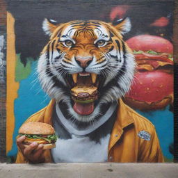 A powerful tiger eating a savory burger, dressed in modern streetwear, featured in a dynamic urban mural art.