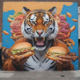 A powerful tiger eating a savory burger, dressed in modern streetwear, featured in a dynamic urban mural art.