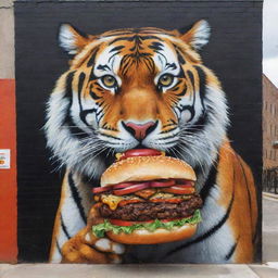 A powerful tiger eating a savory burger, dressed in modern streetwear, featured in a dynamic urban mural art.