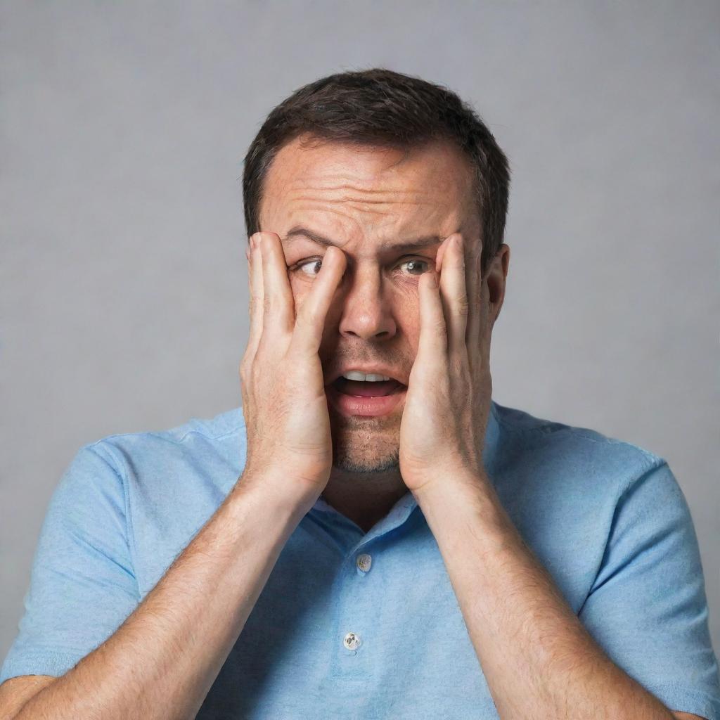 A visibly stressed man with one hand on his face and the other hand gesturing expressively.