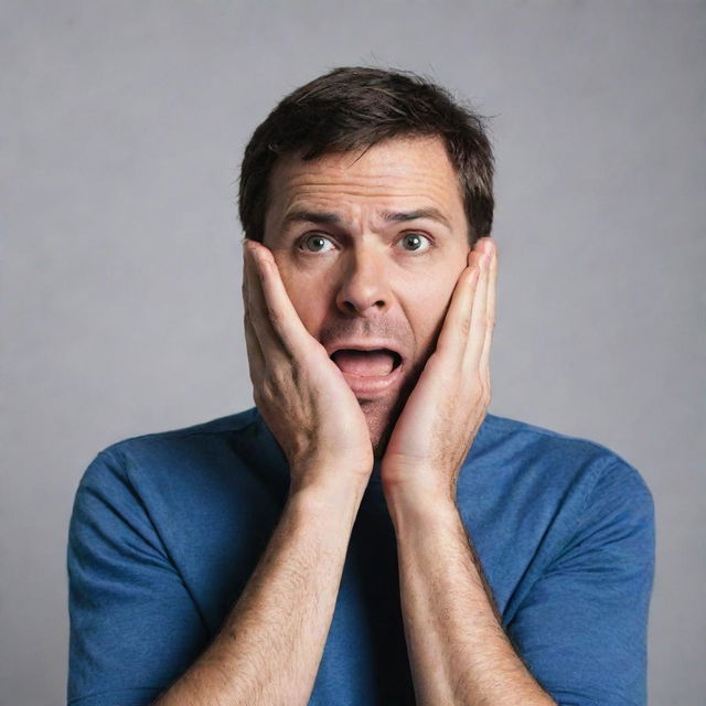 A visibly stressed man with one hand on his face and the other hand gesturing expressively.