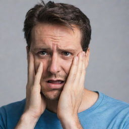 A visibly stressed man with one hand on his face and the other hand gesturing expressively.