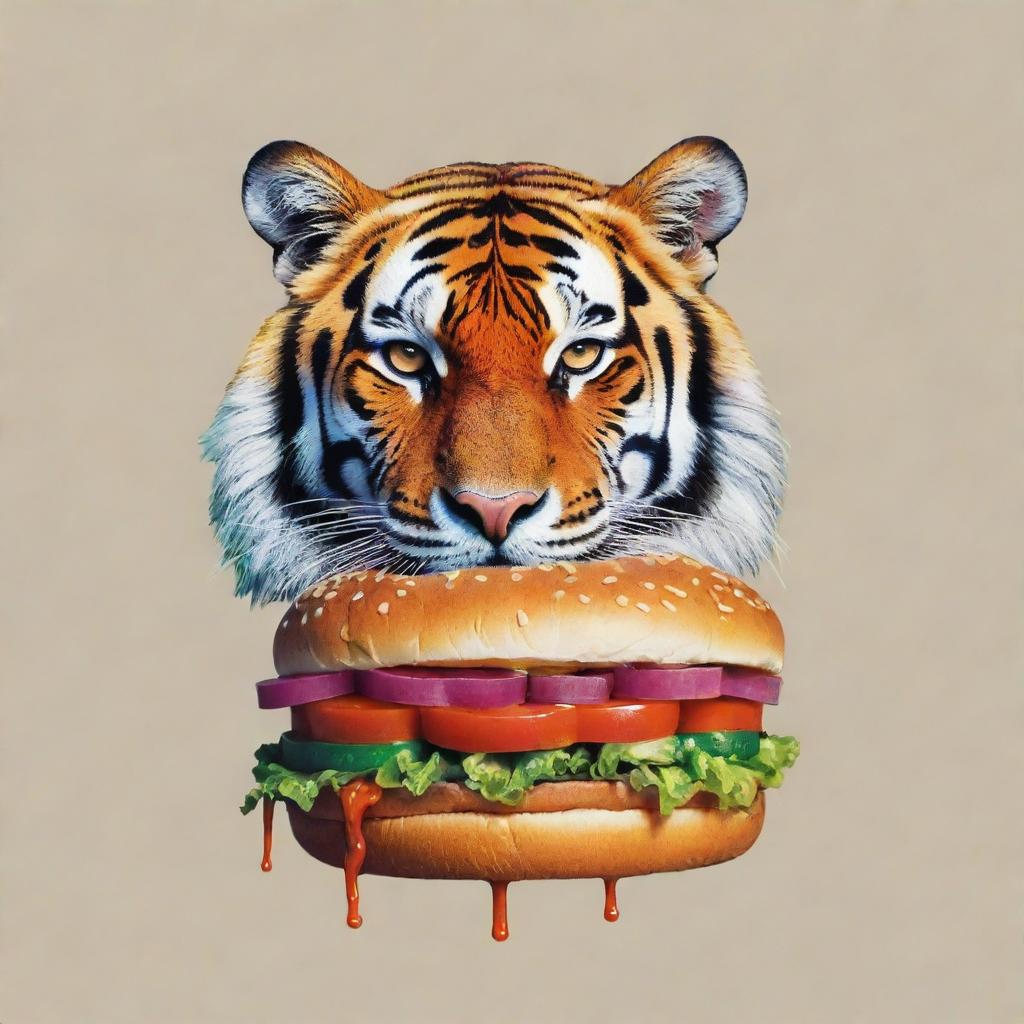 A vibrant graphic art showcasing a poised tiger in modern streetwear feasting on a juicy burger.