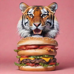 A vibrant graphic art showcasing a poised tiger in modern streetwear feasting on a juicy burger.