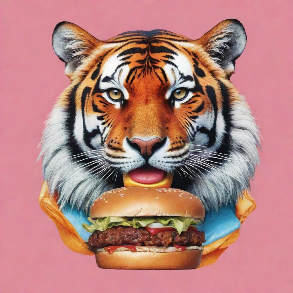 A vibrant graphic art showcasing a poised tiger in modern streetwear feasting on a juicy burger.