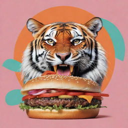 A vibrant graphic art showcasing a poised tiger in modern streetwear feasting on a juicy burger.