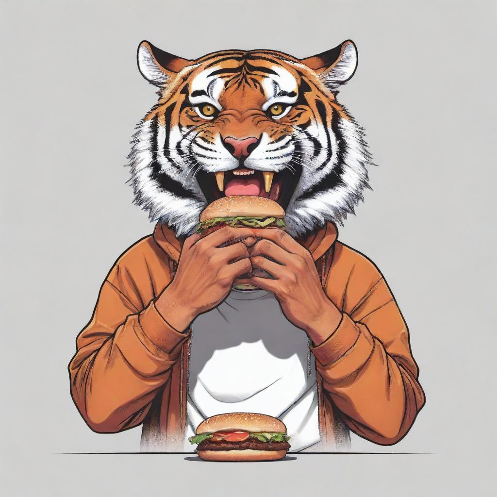 A comic art styled depiction of a tiger in trendy streetwear, chowing down on a mouthwatering burger.