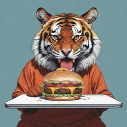 A comic art styled depiction of a tiger in trendy streetwear, chowing down on a mouthwatering burger.